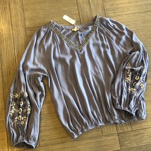 NWT blue peasant top floral hippie puff sleeve L